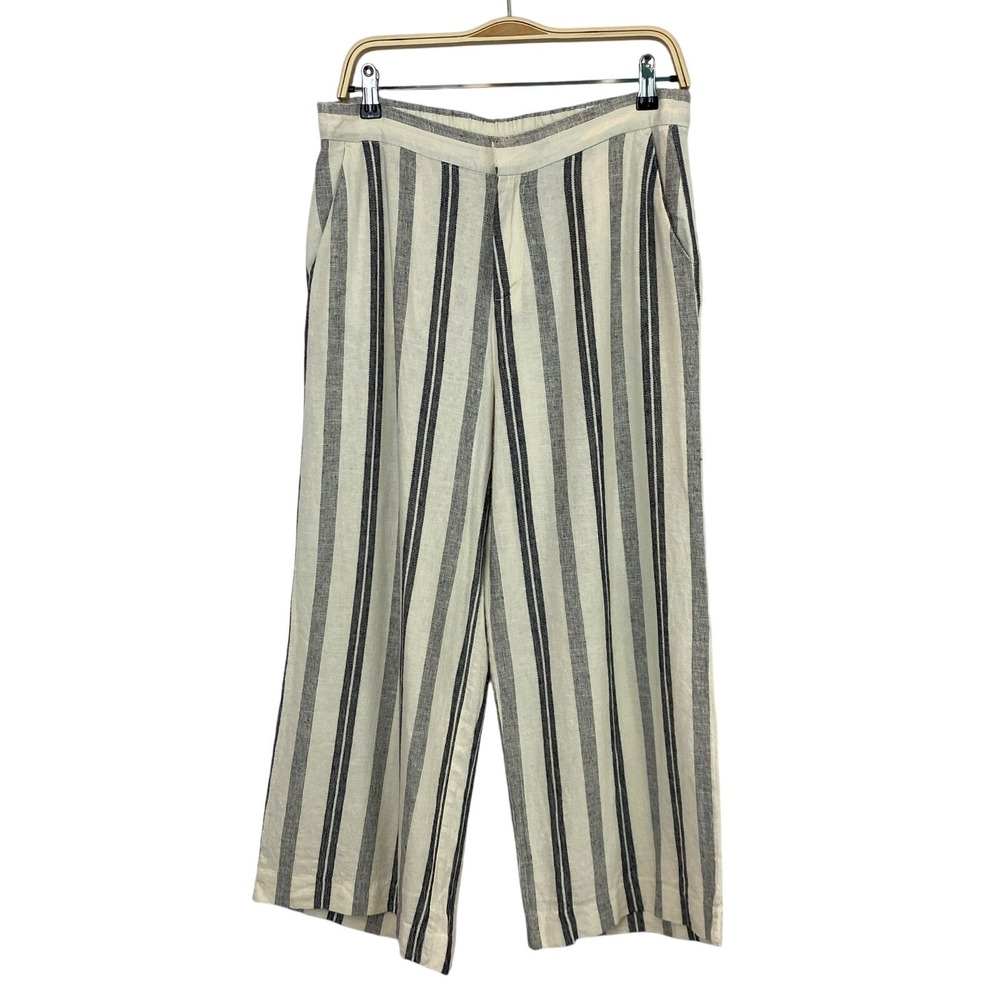 Old Navy Women Striped Linen Blend Wide Leg Trouser Pants M Cream Blue Coastal
